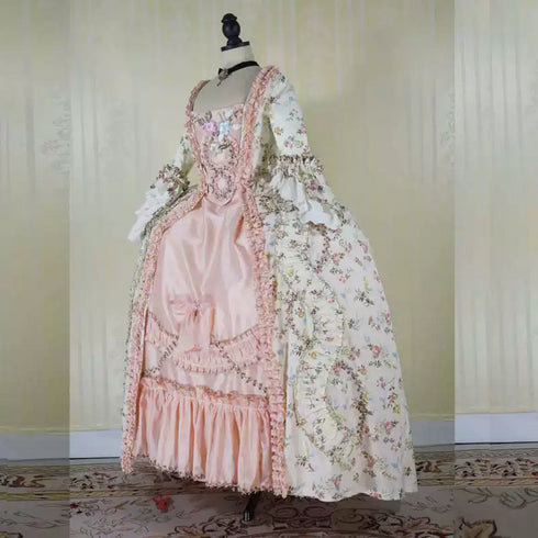 Cream Floral Rococo Marie Antoinette Dress with Pink Accents - 18th Century Ball Gown - Plus Size